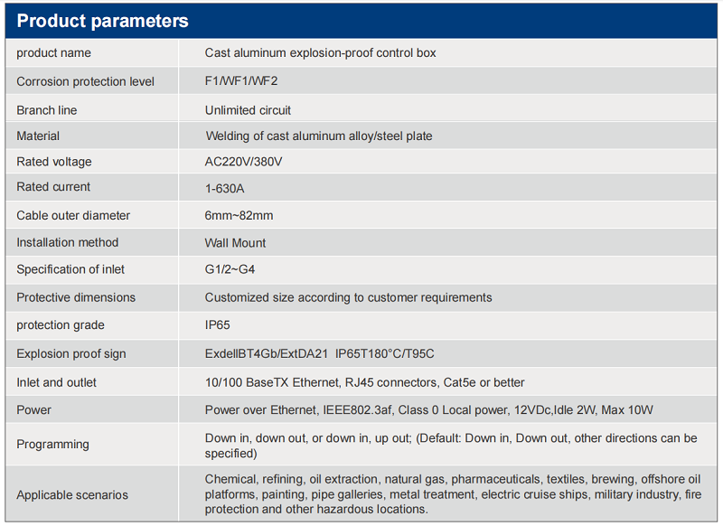 explosion control box specification